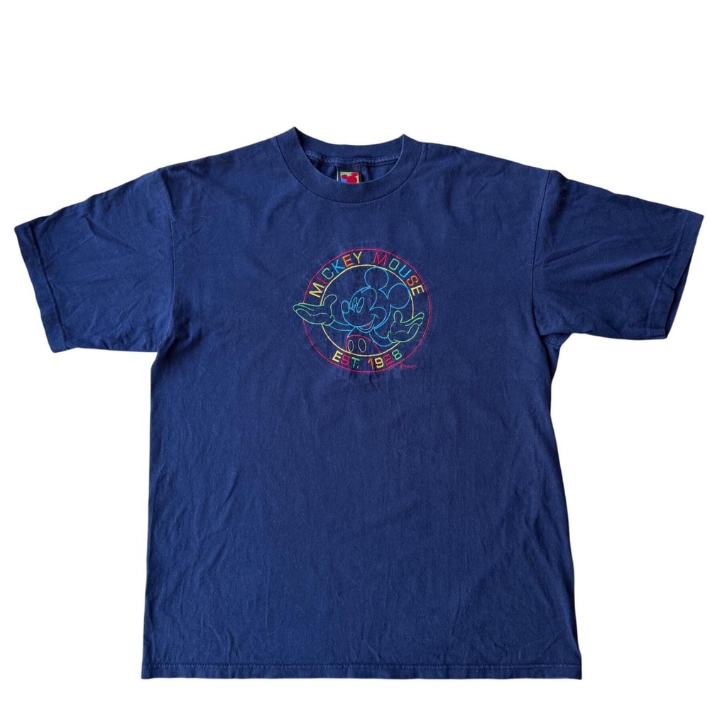 Vintage Mickey Mouse Embroidered T Shirt Navy Blue Velva Sheen Disney 90s XL